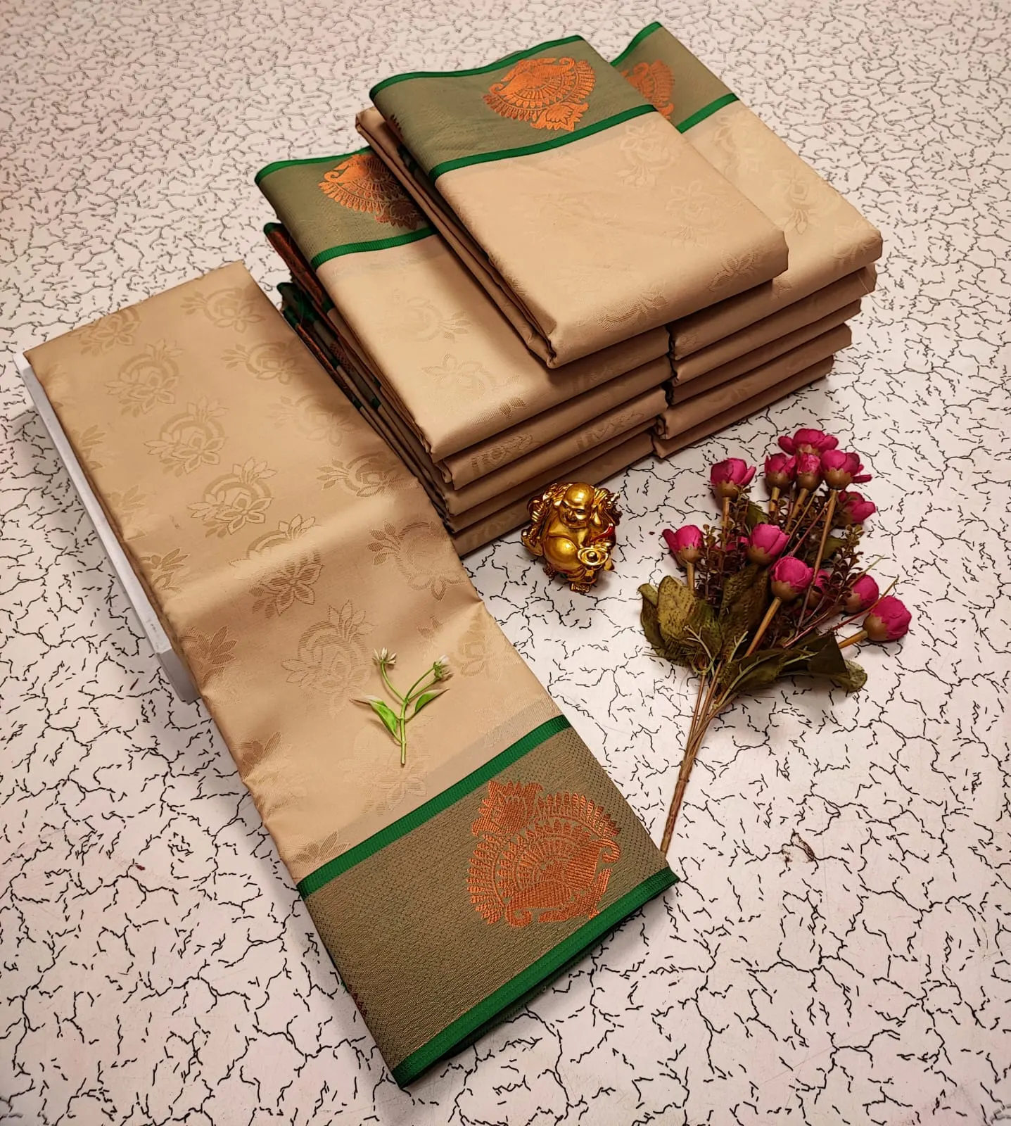 Beige with Olive Green Copper Zari Peacock Motifs Soft Silk Saree